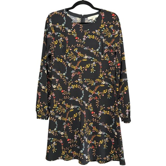 Loft Floral Print Long Sleeve Black Dress By Size 8 Zipper Back Button Cuff - Picture 1 of 7